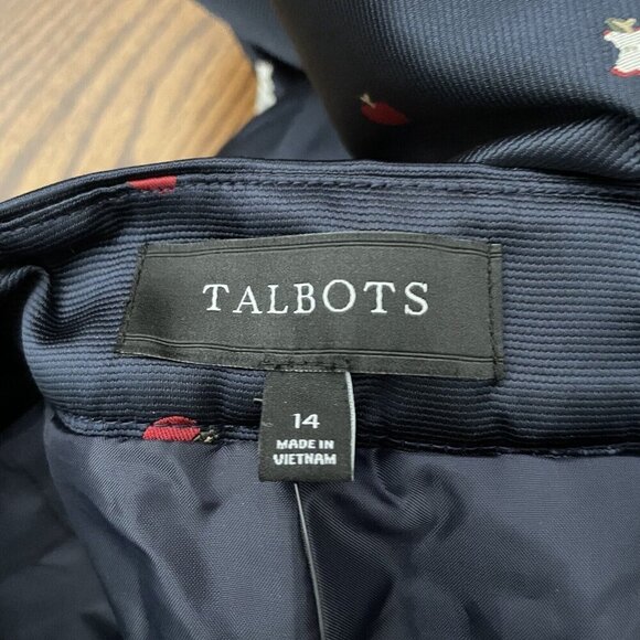 Talbots Women 14 Navy Blue Apple Print Jacquard Preppy Teacher Slim Ankle Pants - Picture 8 of 9